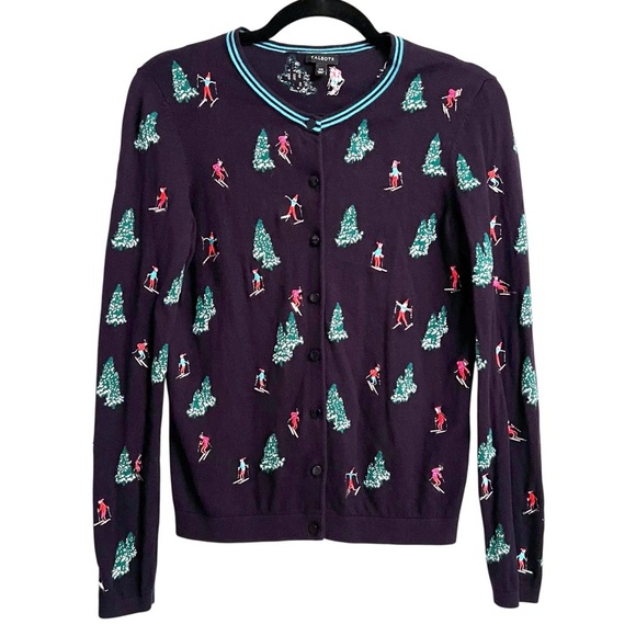 Talbots Sweaters - Talbots Cardigan Sweater with Embroidered Winter Holiday Ski and Tree Design XS